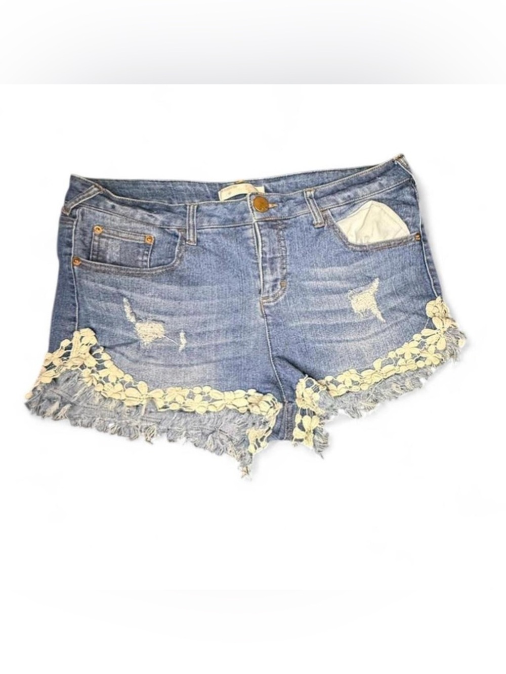 No Boundaries Blue Denim Shorts with Cream Lace Trim
